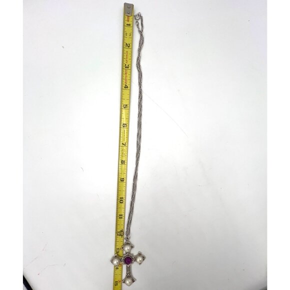 Sarah Coventry Crusaders Cross 24" Necklace Faux Pearls Purple Cabochon - Picture 5 of 5